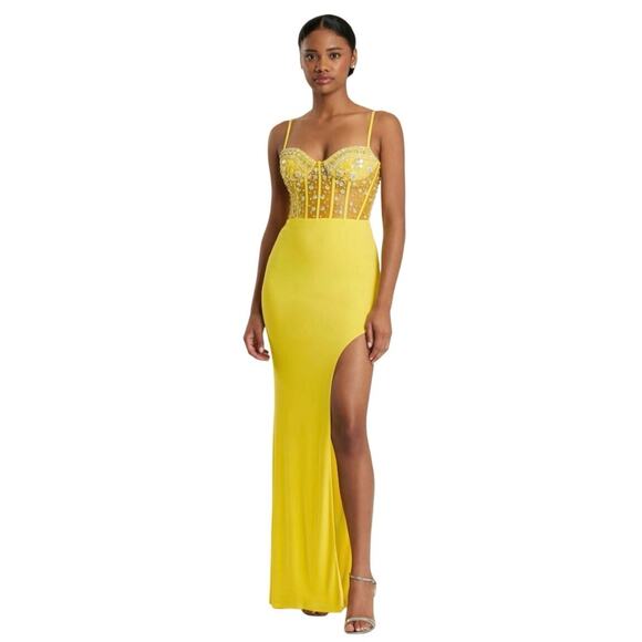 Mac Duggal Yellow Spaghetti Strap Beaded Sheer Bodice Gown with Slit NWT Size S